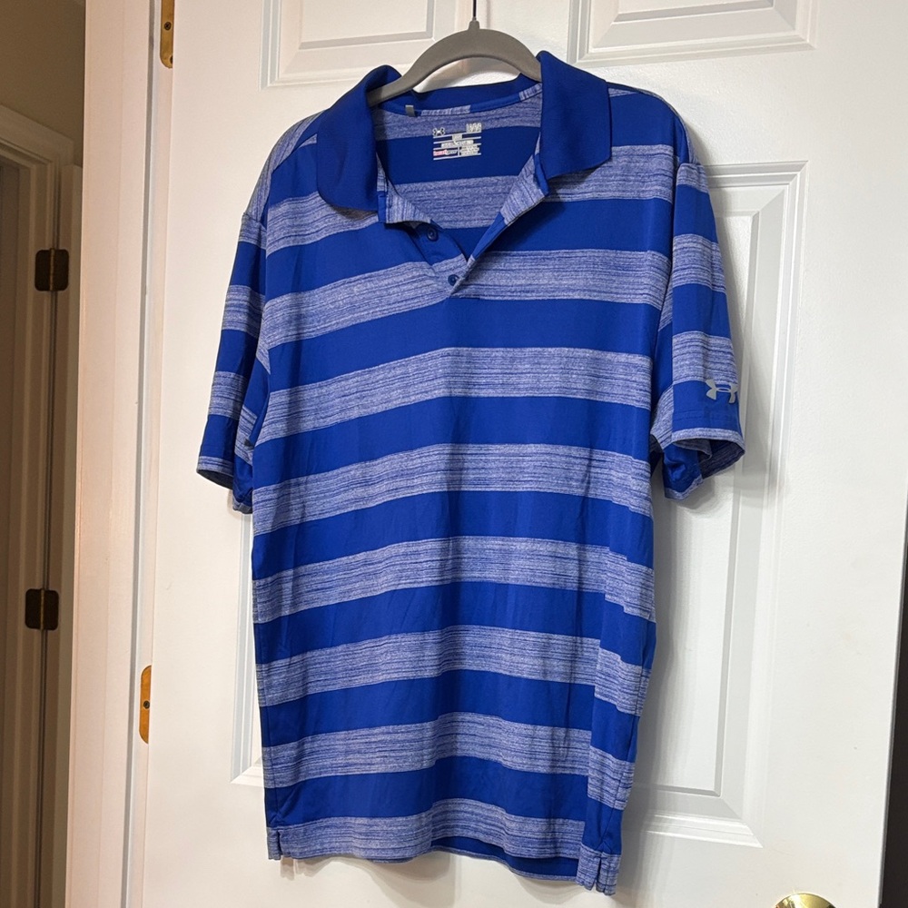 Heat Gear Men's Polo Shirt in Blue and Gray Stripes